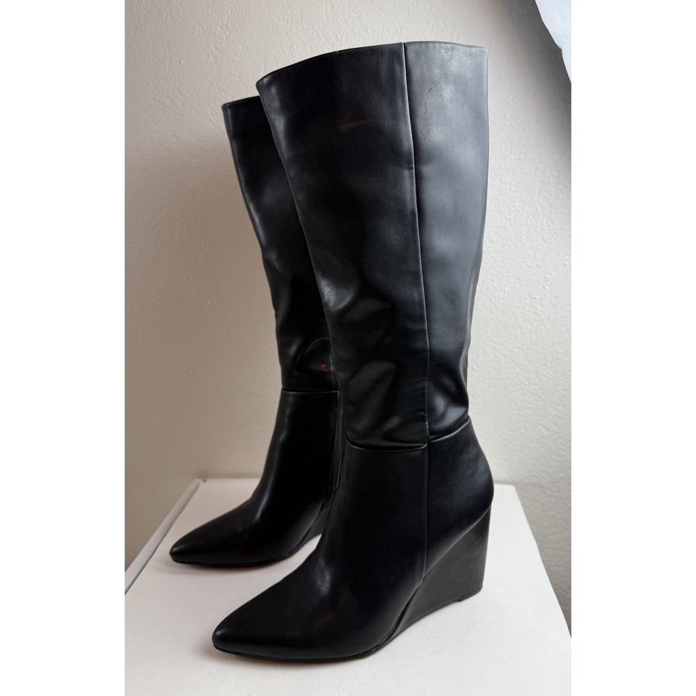 Madden Girl Womens Black Faux Leather Knee High Wedge Boot Sz 6 Grunge Goth Edgy